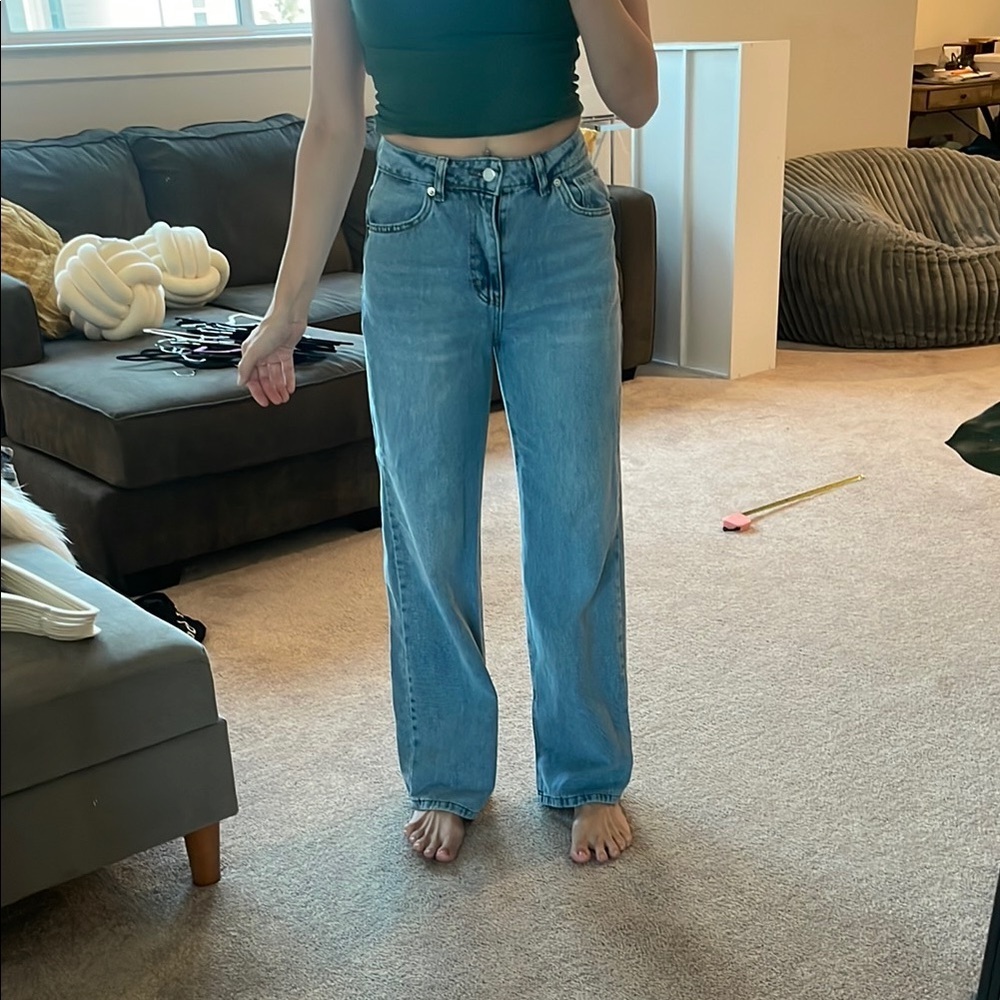 Light Blue Straight Leg Women's Jeans with flare leg slits